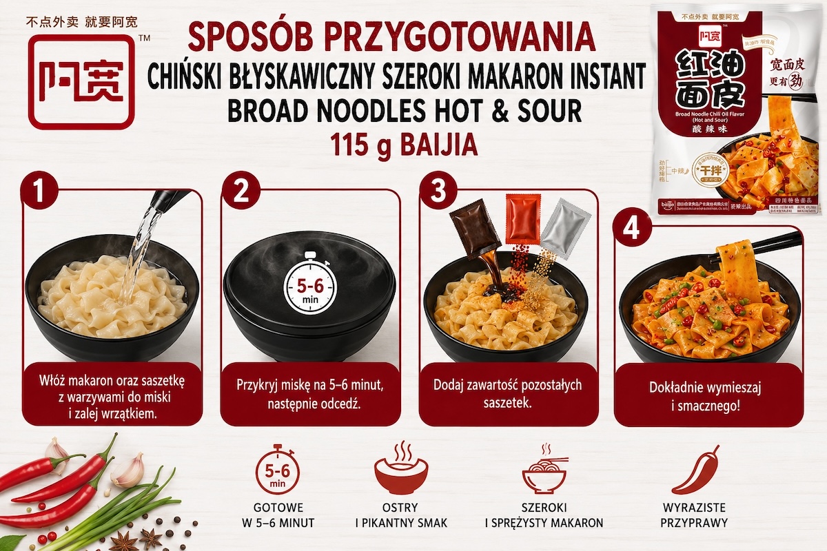 Przygotowanie: Chiński Błyskawiczny Szeroki Makaron Instant Broad Noodles Hot & Sour 115g BAIJIA